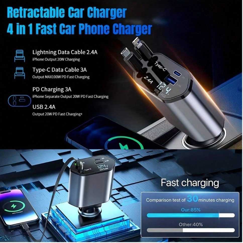 Retractable 4-In-1 Fast Car Charger